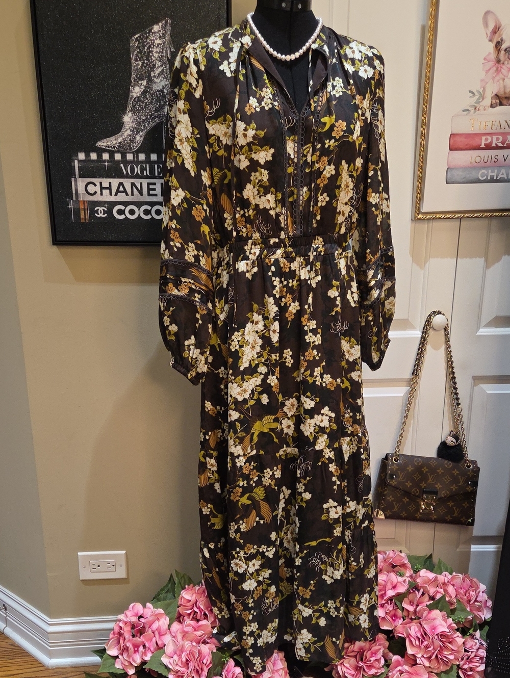 Black Floral Maxi Dress with Yellow and Cream Blossoms